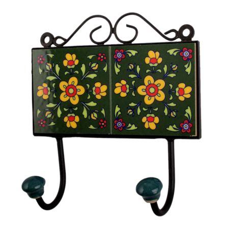 Forest Green Yellow Floral Tiles Hooks